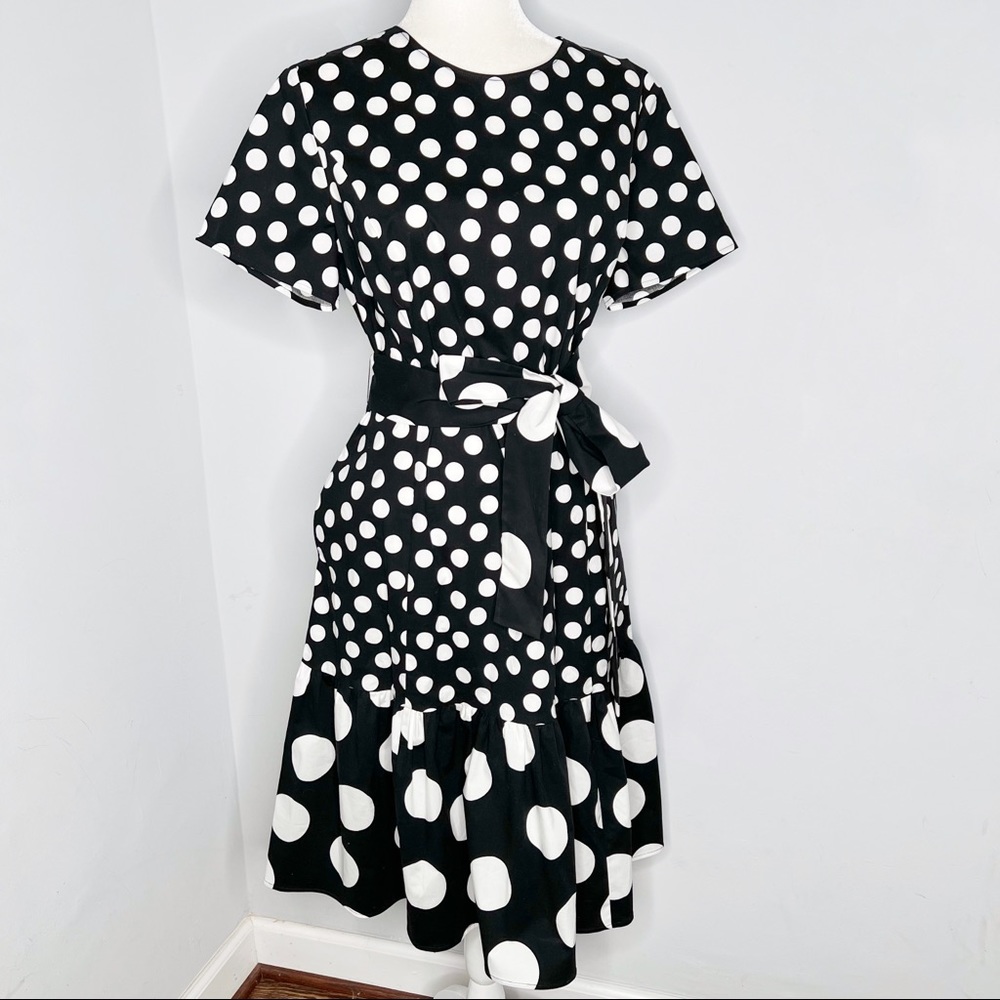 Carolina Herrera Polka Dot Black Midi Ruffle Belted Dress